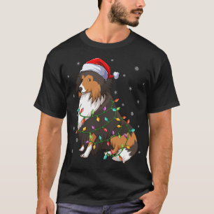 Funny Sheltie Dog Xmas Lighting Santa Hat Sheltie  T-Shirt