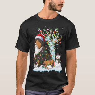 Funny Sheltie Dog Xmas Lighting Santa Hat Sheltie  T-Shirt