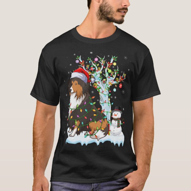 Funny Sheltie Dog Xmas Lighting Santa Hat Sheltie  T-Shirt (Front)