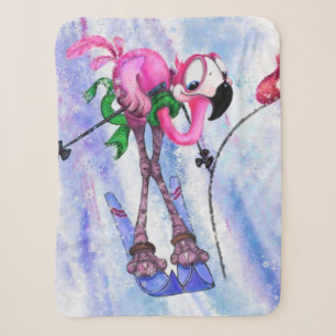 Funny Sherpa Blanket with Pink Flamingo Skier