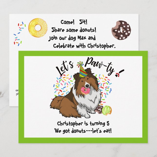 Funny Shetland Sheepdog Dog Doughnuts Birthday Par Invitation (Front/Back)