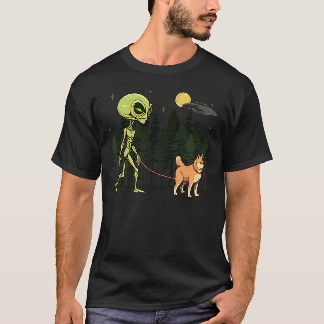 Funny Shiba INu Alien Walking UFO Pet Dog Mom Dad T-Shirt (Front)