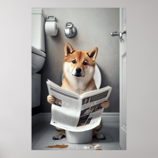 Funny Shiba Inu Bathroom Print Dog on Toilet