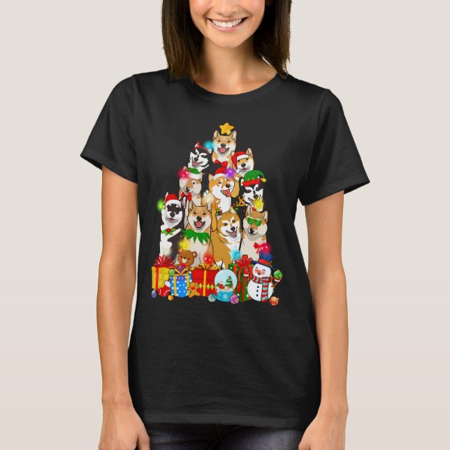 Funny Shiba Inu Christmas Tree Lights Puppy Dog Lo T-Shirt (Front)