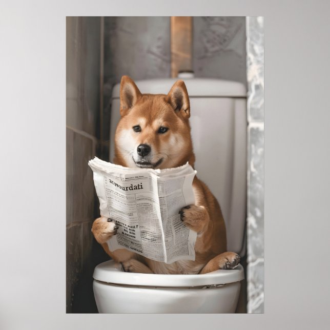 Funny Shiba Inu on Toilet Print, Bathroom Humor Poster (Front)