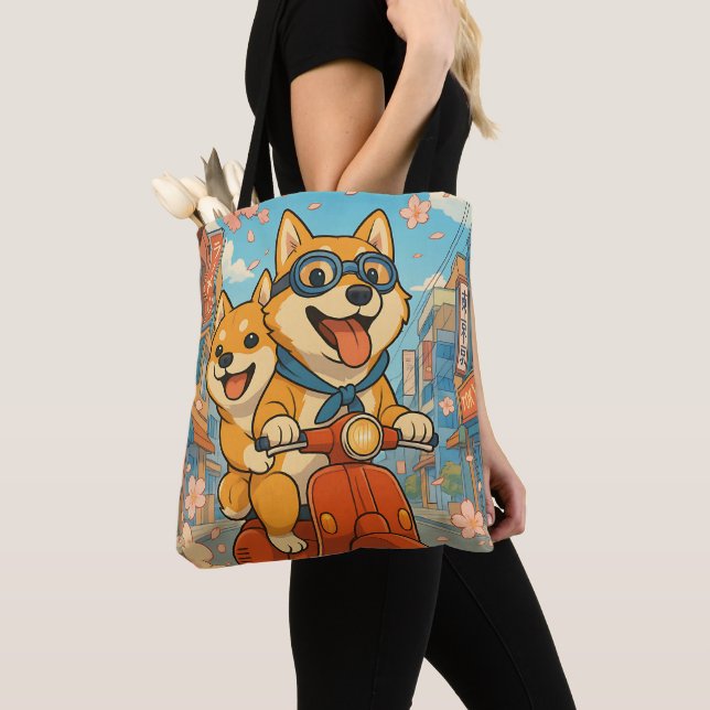 Funny Shiba Inu Riding Tote Bag (Close Up)