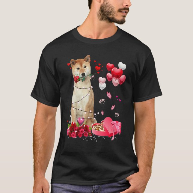 Funny Shiba Inu Rose Heart Happy Valentine Day Dog T-Shirt (Front)