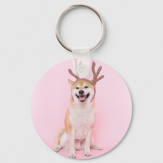 funny shiba inu wearing christmas deer costume key ring (Front)