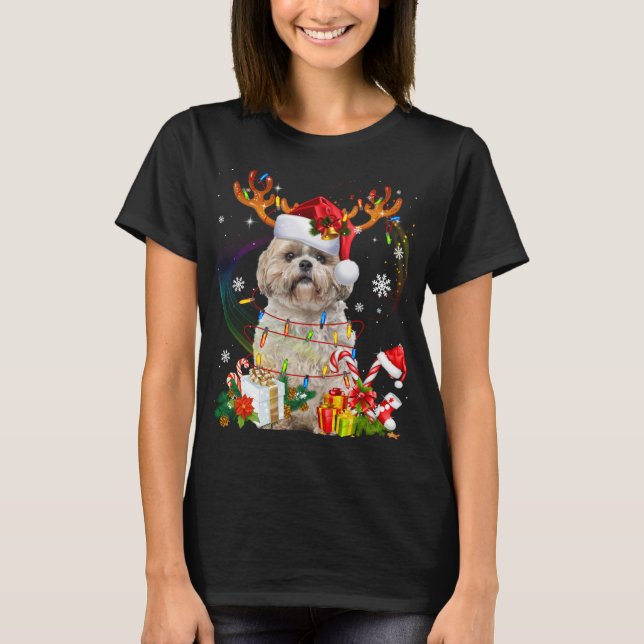 Funny Shih Tzu Christmas Reindeer Christmas Lights T-Shirt (Front)