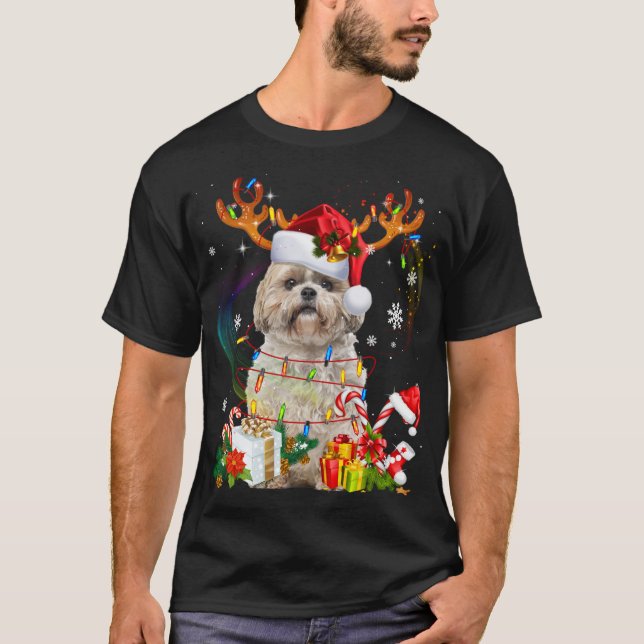 Funny Shih Tzu Christmas Reindeer Christmas Lights T-Shirt (Front)