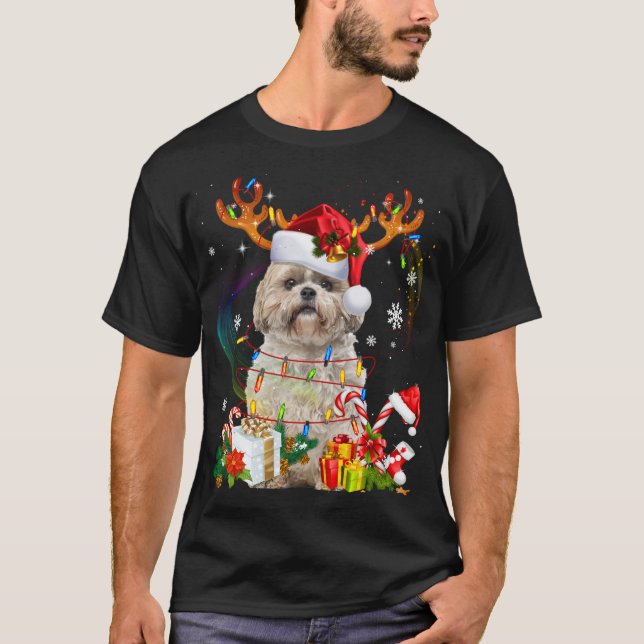 Funny Shih Tzu Christmas Reindeer Christmas Lights T-Shirt (Front)