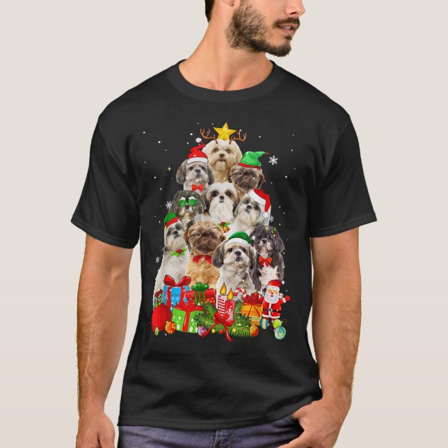 Funny Shih Tzu Christmas Tree Lights Puppy Dog Lov T-Shirt (Front)