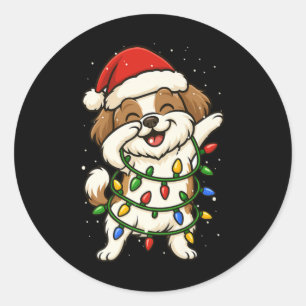 Funny Shih Tzu Dabbing Christmas Lights Xmas Mom D Classic Round Sticker