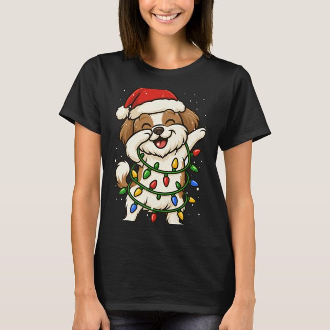 Funny Shih Tzu Dabbing Christmas Lights Xmas Mom D T-Shirt (Front)