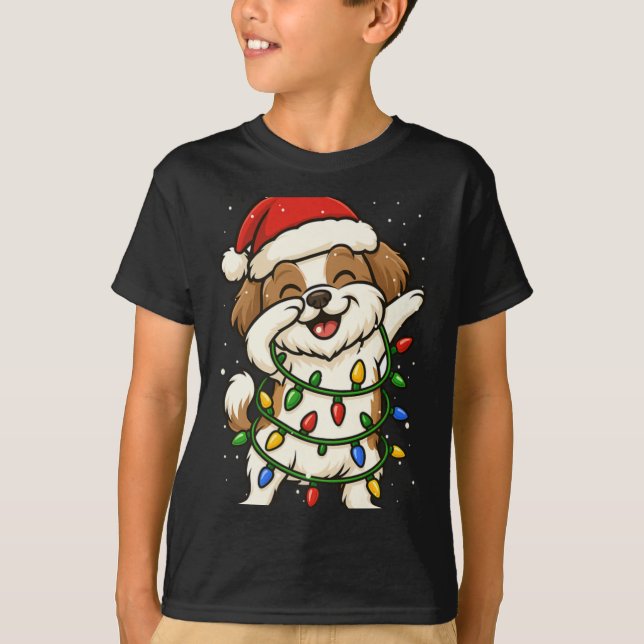 Funny Shih Tzu Dabbing Christmas Lights Xmas Mom D T-Shirt (Front)