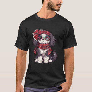 Funny Shih Tzu Dog Plaid Headband Glasses Christma T-Shirt