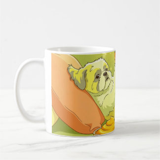 Funny Shih Tzu Dog Relaxing on Sofa with Snacks Coffee Mug