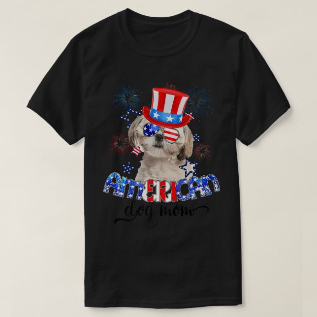 Funny Shih Tzu Wearing Sunglasses USA Flag 4th Of  T-Shirt (Design Front)