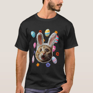 Funny Shock Cat Face With Bunny Ears Happy Easter  T-Shirt