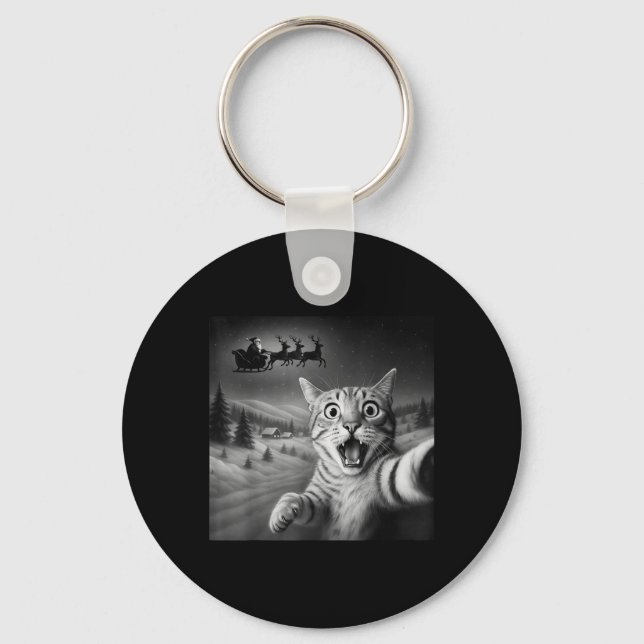 Funny Shocked Cat Selfie Santa Sleigh Christmas Ni Key Ring (Front)