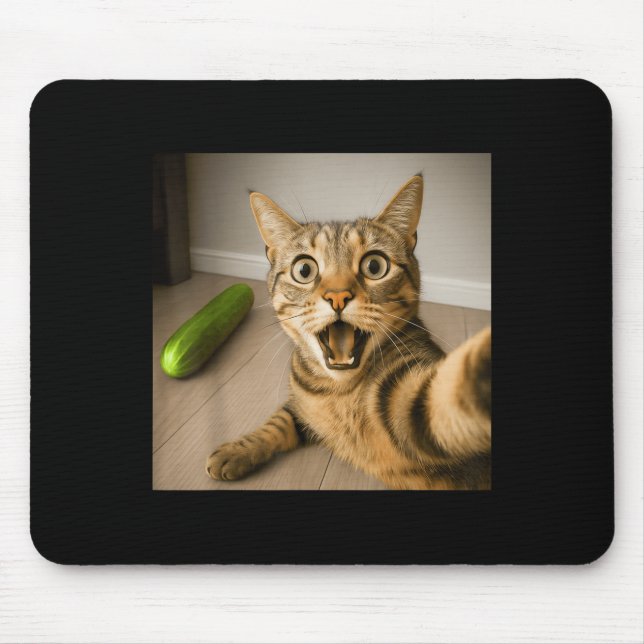 Funny Shocked Cat Selfie With Cucumber Meme Design Mouse Mat (Front)