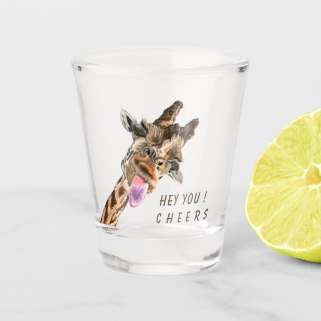 Funny Shot Glass with Playful Giraffe - Cheers  (Front)