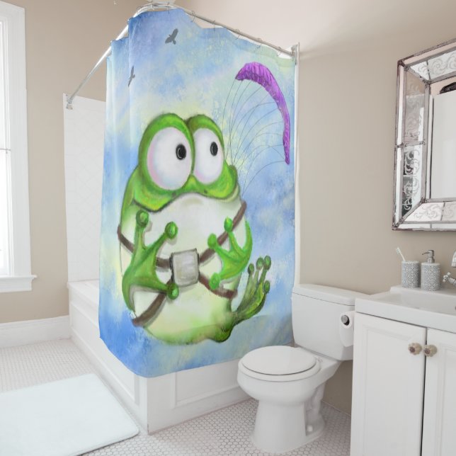 Funny Shower Curtain with Frog Paraglider Cartoon (In Situ)