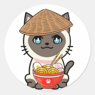 Funny siamese cat is eating noodles classic round sticker
