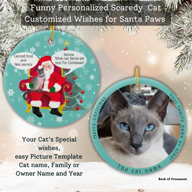 Funny Siamese Cat Visits Santa with Hilarious Wish Ceramic Tree Decoration (Creator Uploaded)