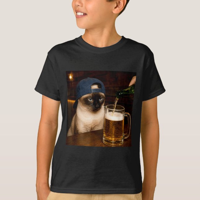 Funny Siamese Drinking Beer Cat Meme T-Shirt (Front)