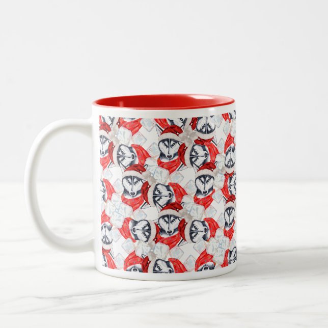 Funny Siberian Husky Christmas Pattern Two-Tone Coffee Mug (Left)