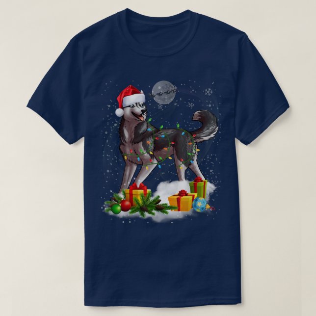 Funny Siberian Husky Dog Christmas Lights Santa Ha T-Shirt (Design Front)