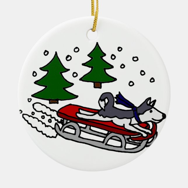 Funny Siberian Husky Dog Riding on Sled Ceramic Tree Decoration (Front)