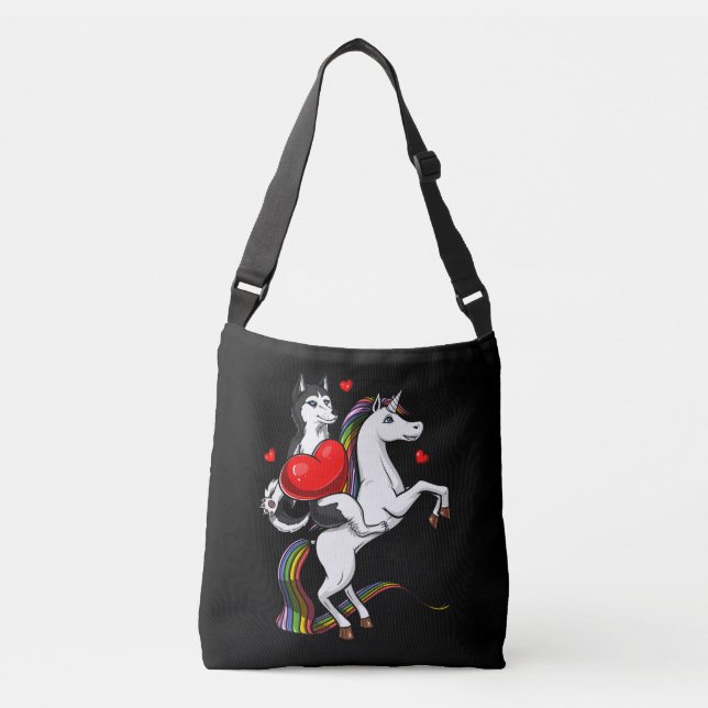 Funny Siberian Husky Dog Riding Unicorn Crossbody Bag (Front)