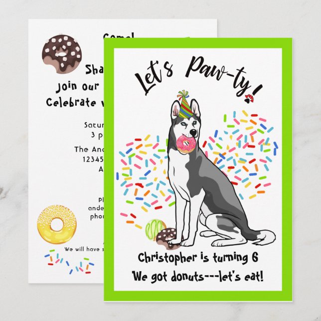 Funny Siberian Husky Doughnuts Birthday Party Invitation (Front/Back)