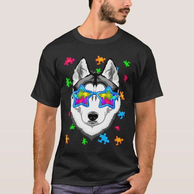 Funny Siberian Husky Puzzle Autism Awareness Dog T-Shirt (Front)