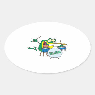 funny silly cartoon frog drummer cartoon oval sticker