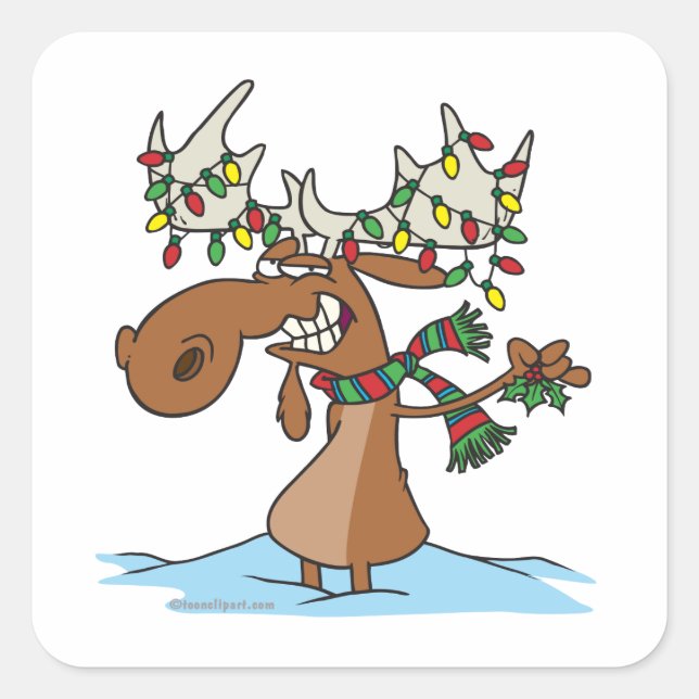funny silly christmas moose cartoon square sticker (Front)