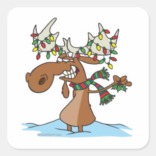 funny silly christmas moose cartoon square sticker