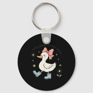 Funny Silly Goose On The Loose Cute Bow Rain Boots Key Ring