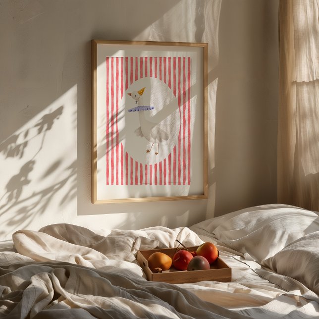 Funny Silly Goose Watercolor Print (Framed Funny Silly Goose watercolor nursery print on wall above bed with fruit tray.)