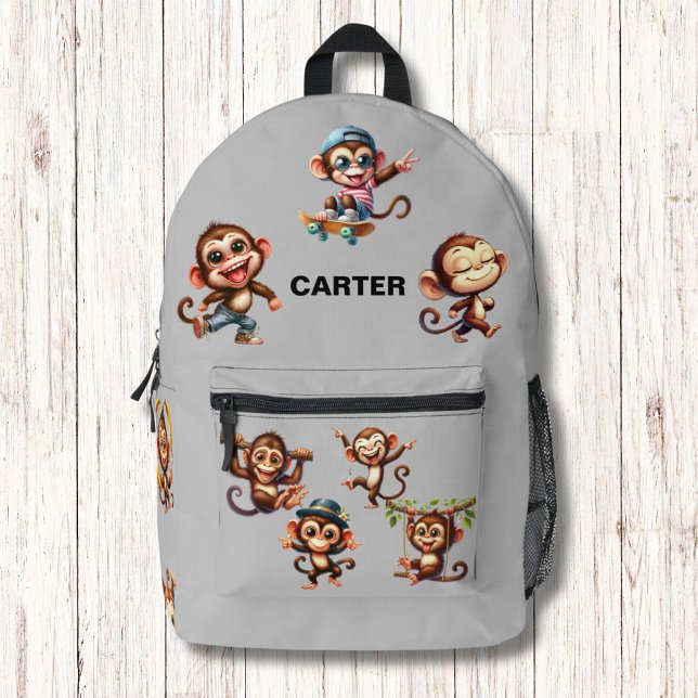 Funny Silly Monkey Watercolor Pattern Monogram Printed Backpack (Creator Uploaded)