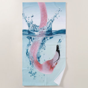 Funny Silly Pink Flamingo Takes a Dip Beach Towel
