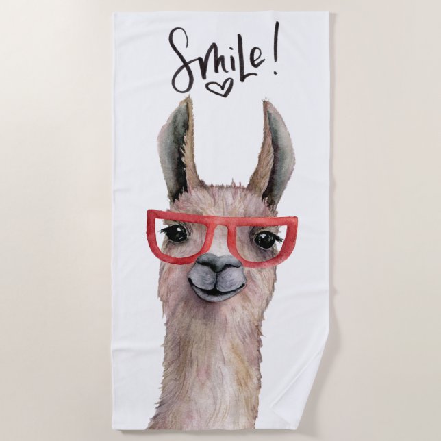 Funny Silly Smile Llama Beach Towel (Front)
