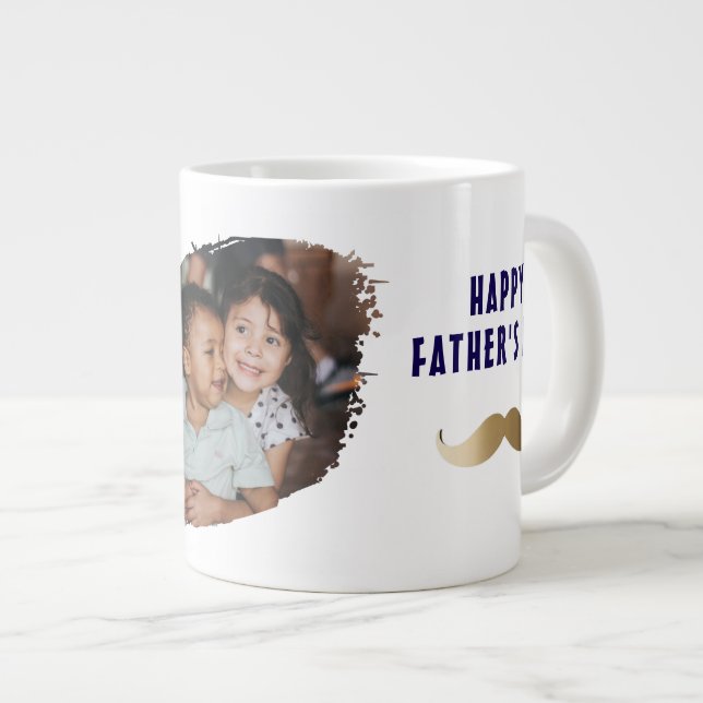 Funny Simple Moustache Happy Father's Day Photo Large Coffee Mug (Front Right)