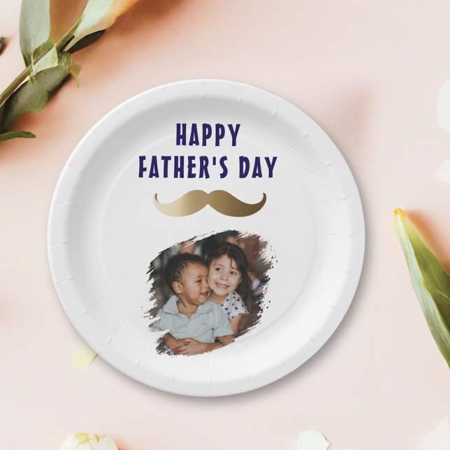 Funny Simple Moustache Happy Father's Day Photo Paper Plate (Creator Uploaded)