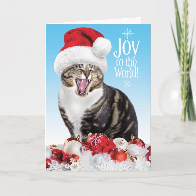 Funny Singing Christmas Cat- Joy to the World Holiday Card (Front)