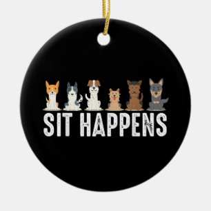 Funny Sit Happens Cool Sitting Dogs Ceramic Tree Decoration