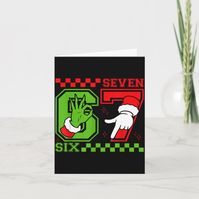 Funny Six Seven 67 Meme 6 7 Christmas Elf Hand Boy Card (Front)