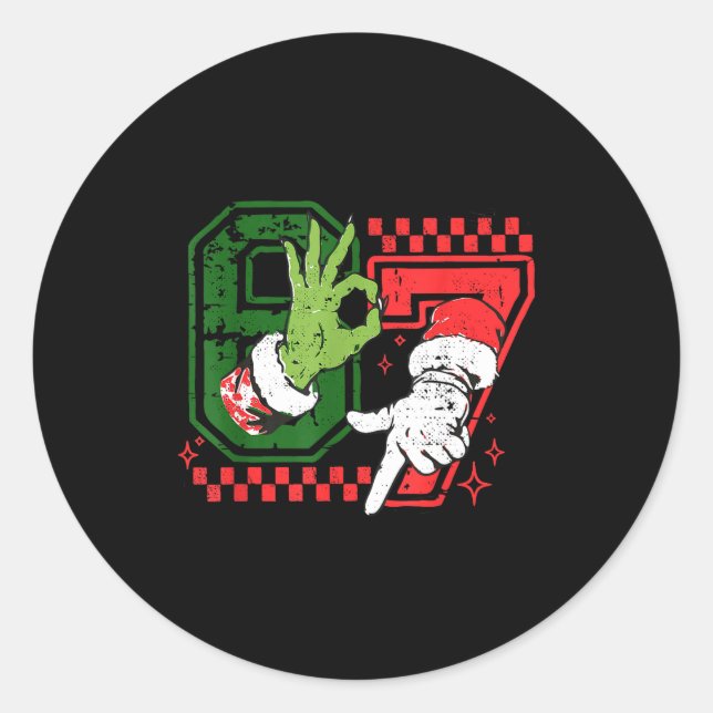 Funny Six Seven 67 Meme 6 7 Christmas Elf Hand Boy Classic Round Sticker (Front)